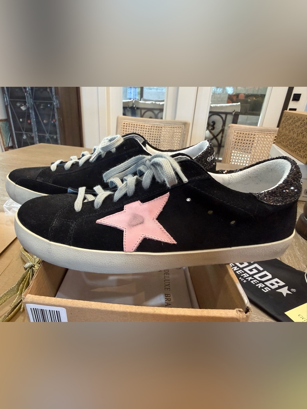 Golden Goose Black Suede Sneakers with Pink Star
